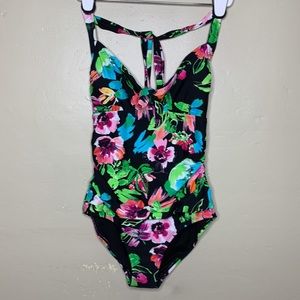 CATALINA Swimsuit Green Pink One Piece Floral Halter Tie Ruched Sides Medium